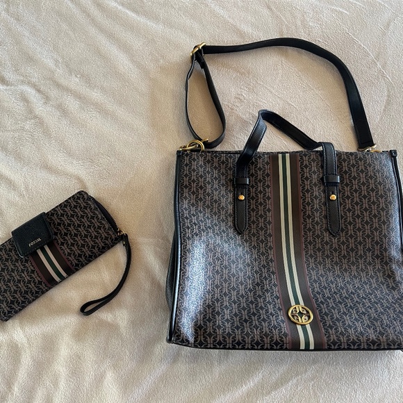 Vintage Fossil Shoulder Bag Black Brown Purse Handbag and wallet - Picture 1 of 6